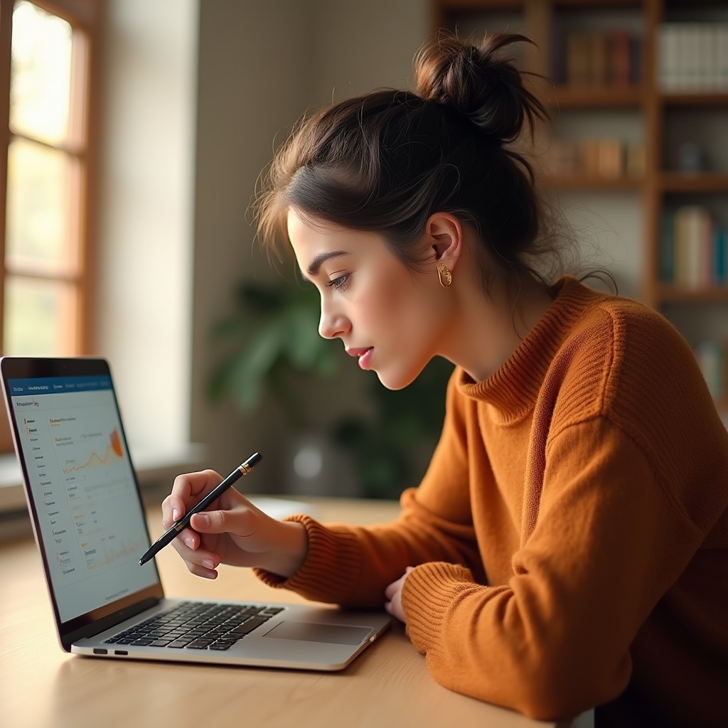 Uczestnik kursu analizuje raporty Google Analytics na laptopie